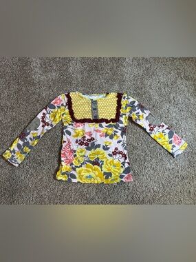 Persnickety Yellow Floral Long Sleeve Top with Burgundy Trim